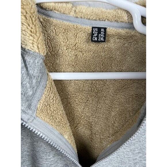 Men's Sweatshirt Jacket Sz XL Sherpa Lined Hoodie Pocket Warm Winter Light Gray - Picture 4 of 6